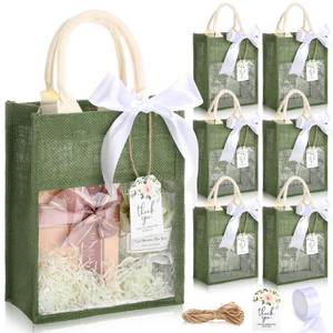 lot 11193 image: Sweetude 6 Pack Wedding Burlap Bags Bulk with Handle Jute Tote Bags with Clear Window Party Gift Bachelorette Favor Thank You Cards (Green)