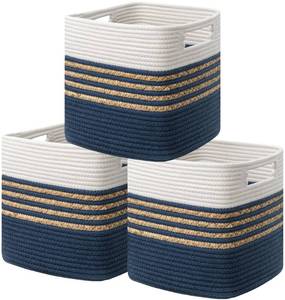 lot 11199 image: UBBCARE Set of 3 Storage Cubes 11 X 10.5 X 10.5 in, Water Hyacinth Storage Bins for shelves, Toys, Book, Storage Baskets with Handles, Cotton Rope Woven Baskets for Organizing, Navy Blue
