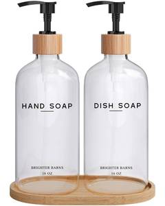 lot 11202 image: Clear Glass Hand and Dish Soap Dispenser Set by Brighter Barns - Kitchen Soap Dispenser Set with Bamboo Tray - Modern Kitchen Decor, Minimalist Decor (Clear)