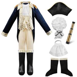 lot 11221 image: IKALI Kids George Washington Costume With Wig and Hat Accessories, Boys Children Hamilton American Colonial Day Outfit Uniform 4-6 Years(Slightly Worn Down On Pants)