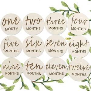 lot 12051 image: Wooden Baby Monthly Milestones for Newborn Baby,1-12 Months Baby Announcement Discs, Pregnancy Baby Shower Gifts (Wooden Milestone Discs)