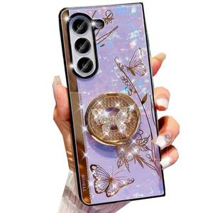 lot 12057 image: Changjia for Samsung Galaxy Z Fold 7 Kickstand Case,Cute Glitter Bling Rhinestones Diamond Butterfly with Ring Stand Marble Shell Shockproof Protective Cover for Women Girls for Galaxy Z Fold 7,Purple