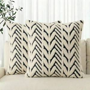 lot 12079 image: AVOIN colorlife Black White Stripe Beige Throw Pillow Covers, 18 x 18 Inch Holiday Soft Plush Faux Fur Jacquard Cushion Case Decoration for Home Sofa Couch Set of 2