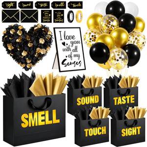 lot 13005 image: 5 Senses Gift Bags for Him with Labels Tissue Paper, Five Senses Party Decoration Rose Petals Black Gold Balloons Greeting Card and Sign Holder Stand for Husband Boyfriend Birthday Party Decor
