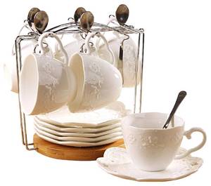 lot 13007 image: Jusalpha� White Porcelain 5OZ- Tea Cup and Saucer Coffee Cup Set with Saucer and Spoon, Set of 6 (6 Tea Cup Set With Bracket)