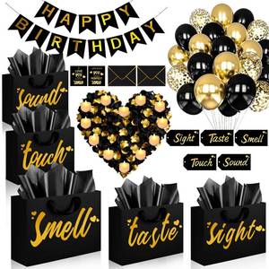 lot 13020 image: 5 Senses Gift Bags for Him with Labels - Five Senses Birthday Party Decorations,Tissue Paper Rose Petals and Happy Birthday Banner Balloons for Husband Boyfriend Party Decor(Gold Black)