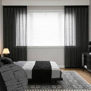 lot 13026 image: Ftinala Black Linen Look Pinch Pleated Sheer Curtains 102 Inches Long 2 Panels, Rustic Textured Light Filtering Curtains & Drapes, Dark Moody Sliding Glass Door Floor to Ceiling Curtain Hooks