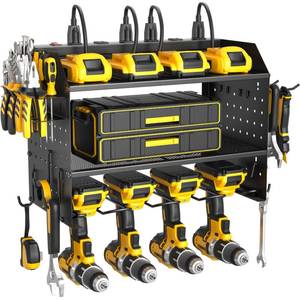 lot 13044 image: ZESEN Power Tool Organizer Wall Mount, 3 Layer Charging Station with 6 Outlets, 4 Drill Holders and Drill Bit Rack, Tool Holder Storage Shelf Rack for Garage, Workbench and Workshop, Black
