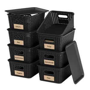 lot 13056 image: Wrrlors 8-Pack Black Plastic Storage Baskets with Lids, Label Organizers, Stackable Organizer Containers For Organizing Shelves, Drawers, Desk Closets, Playrooms, Classrooms, Offices (lids only)