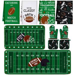 lot 13059 image: Fourluoo 10 Pcs Football Kitchen Decor Oven Mitts and Pot Holders Sets Football Dish Towels Pot Holders Sports Kitchen Rugs and Mats for Women Reusable Cooking Grilling Accessories Mom Gift