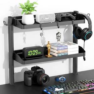 lot 13985 image: Clamp on Desk Shelf, 2-Tier Office Desk Shelves Organizer, 17in Small Shelf for Top of Desk with Headphone Holder and Hooks, Desktop Storage Rack for Home Workspace, Study Rooms, Gaming Accessories