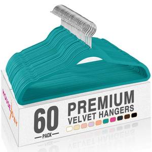 lot 13989 image: HOUSE DAY Mint Green Velvet Hangers 60 Pack, Non Slip Clothes Felt Hanger Heavy Duty for Coat, Premium Slim Space Saving Suit Hangers for Closet Organizer, 360° Rotating Silver Hook