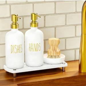 lot 13992 image: Galasily Gold Soap Dispenser Set Comes with Stainless Steel Pumps, Instant Dry Tray, and Dish Scrub Brush, Kitchen Soap Dispenser Set Suitable for Kitchen Decor and Bathroom Accessories(Gold)