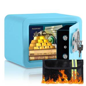 lot 13994 image: 0.23 Cubic Feet Safe Box, Small Safe WFireproof Bag, Keys & Pass Code, Digital Electronic Security Money Box for Cash, Document, Home, Office, Hotel Use, Blue, 6.69D x 9.06W x 6.69H