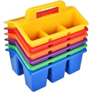 lot 13997 image: ALINK Classroom Caddy Storage Basket with Handle, 6 Pack Plastic Arts Office Crafts Caddy 4 Compartments for Kids, Pencil, Crayon, Marker, School Supplies, 6 Colors