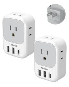 lot 14148 image: TESSAN 2 Prong to 3 Prong Outlet Adapter 2 Pack, US to Japan Plug Adapter with 4 Outlets 3 USB (1 USB-C), Outlet Adaptor US to Japan China Mexico Philippines Canada Peru Thailand Vietnam