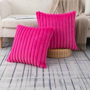 lot 14161 image: ZLINA Set of 2 Hot Pink Faux Fur Decorative Throw Pillow Covers Fluffy Striped Pillowcase Cushion Covers 18 x 18 Inch Decor Sofa Couch Bedroom