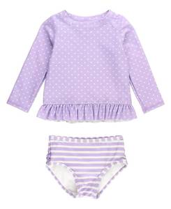 lot 14225 image: RuffleButts Lavender Heart Polka Dot Long Sleeve Rash Guard Bikini - 6