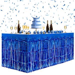 lot 14233 image: 2 Pack Dark Blue Table Skirts, 29x108 Metallic Foil Tinsel Fringe Table Skirts for Rectangle Tables Streamer Curtains Backdrop, Party Decorations for Birthdays Weddings Holidays