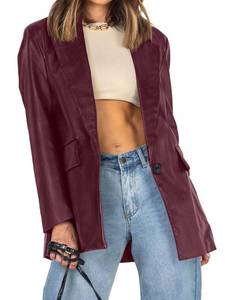 lot 14240 image: Womens Leather Jacket Oversized Long Sleeve Faux Leather Blazer Lapel Button Down Leather Shacket Coat with Pockets size small