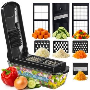 lot 14241 image: Leraze 13-in-1 Vegetable Chopper Pro with Glass Container, Stainless Steel Blades, BPA-Free, Mandoline Slicer, Manual