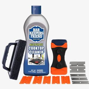lot 14250 image: Glass StoveTop Cleaner For Electric Stove Flat Top. Kit Includes Cleaner Liquid, Scraper Tool, & Scrub Brush For Streak-Free Ceramic, Gas, & Induction Stove. Removes Grease, & Oil Stains (13 Items)