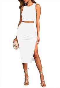 lot 14254 image: HUUSA Womens Sexy Summer Outfits Bodycon Ribbed Tank Top Midi Skirt 2 Piece Dress Crew Neck Sleeveless Slit Midi Skirt Outfit 2pc Knitted Dress Set White S