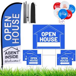 lot 14266 image: Buryeah Open House Signs Set (36 Pcs Total), 1 Open House Flag with Pole Kit for Yard, 5 Double Sided Real Estate Business Agent Directional Arrows Signs with Metal Stakes and 30 Balloons(Blue)