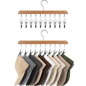 lot 14267 image: StorageWorks Hat Rack, Closet Organizer and Storage for Baseball Caps,Set of 2 with 10 Adjustable Stainless Steel Clips, Fits All Caps, Natural Wood Color