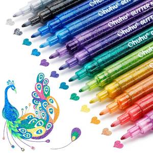 lot 14289 image: Ohuhu Glitter Markers Pen 12 Glitter Colors Metallic Shimmer Marker Fine Tip Water-based Ink for Kids Adults DIY Crafts Greeting Birthday Cards Making Mugs Wood