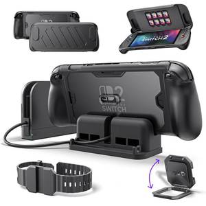 lot 17314 image: JSAUX PC0121 Protective Case for Nintendo Switch 2, 360° Full-Body Shockproof ModCase with Front Cover, Back Shell, Metal Kickstand, Silicone Strap, Base Stand & Extender, Ergonomic Design - Dock Set