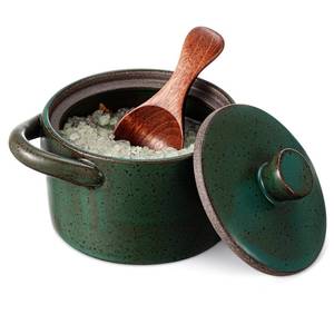 lot 18103 image: Honeydak Speckled Ceramic Salt Cellar with Lid and Wooden Spoon, Rustic Farmhouse Salt Pepper Cellar Holder for Valentines Day,Housewarming Gift, Heavyweight Spices Jar(Green,1 Set)