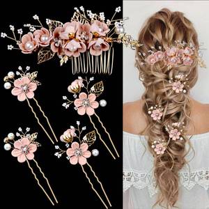 lot 18129 image: 5 Pieces Bridal Flower Wedding Hair Pins Crystal Pearl Hair Combs Clips Headpiece Gold Wedding Hair Accessories Jewelry with Rhinestone for Brides Bridesmaids Women Girls Updo (Cherry Blossoms Pink)