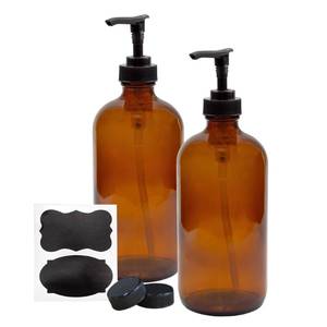 lot 18140 image: Cornucopia Brands 16oz Amber Glass Bottles w Pump Dispensers (2-Pack) Refillable Lotion Liquid Soap Pump Brown Bottles Labels, BPA-Free Plastic Tops