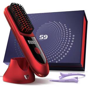 lot 18159 image: VELORIA Cordless Hair Straightener Brush with Charging Dock, LED Temp Display, 3 Heat Settings 320-392°F, Ceramic Heated Brush, Dual Lithium Battery 7400mAh, Garnet Red Pro, for Travel
