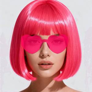 lot 18179 image: FSLLZCJY Short Bob Wigs with Heart Sunglasses and Hair Cap �� Set of 3  Colorful Colored Neon Wig Funny Cosplay Hairpieces for Halloween Party Costume (Pink)