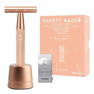 lot 18188 image: Double Edge Safety Razor with Stand, Single Blade Razors for Women, Reusable Metal Razor, with 10 Stainless Steel Double Edge Blades, Smooth and Close Shave, Plastic Free, Matte Rose Gold