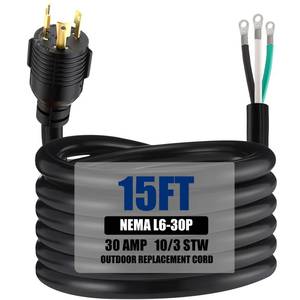 lot 18225 image: Kanayu 15 ft 10 Awg 3 Prong Replacement Power Cord Compatible with Nema L6-30p, 30 Amp 250v Welder Extension Cord with Open End for Welder Garage Heater Air Compressor, Etl Listed