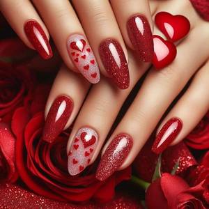 lot 18232 image: Valentines Press On Nails Medium Almond Fake Nails With Heart Designs Red Valentines Nails Press Ons Heart False Nails Acrylic Glue On Nails Glossy Full Cover Stick On Nails For Women