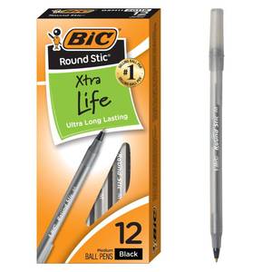lot 18245 image: BIC Round Stic Xtra Life Black Ballpoint Pens, Medium Point (1.0mm), 12-Count Pack of Bulk Pens, Flexible Round Barrel for Writing Comfort, No. 1 Selling Ballpoint Pens