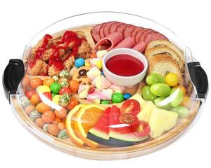 lot 19760 image: Zenzemwa Charcuterie Boards, Round Bamboo Charcuterie Board with Locking Lid & 6 Compartments, Reversible Cheese Board Serving Tray with Clear Plastic Cover House Warming Gifts (crack in lid)