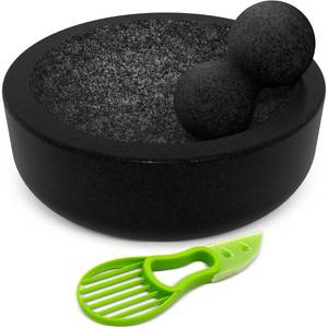 lot 19765 image: Umien Granite Mortar and Pestle Set - 8-Inch Natural Stone Molcajete with Avocado Tool - 3.5 Cup Capacity for Spices, Herbs, Pestos & Guacamole - Premium Kitchen Gift (Black)