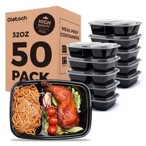 lot 19771 image: 50 Pack (100-Piece) 32 oz Sturdy Leakproof 2-Compartment Meal Prep Containers with Lids, Plastic Food Storage Containers for Lunch, Microwave, Freezer, and Dishwasher Safe Takeout Containers