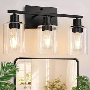 lot 19772 image: Indoi 3 Light Bathroom Light Fixtures, Matte Black Modern Vanity Lights with Clear Glass Shade, Bathroom Wall Lamp for Mirror Kitchen Living Room Hallway Cabinet Porch