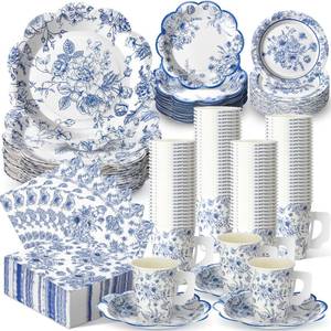 lot 19798 image: Pickmesh 252 Pcs Blue Floral Tea Party Supplies for 36 Guests Blue and White Porcelain Paper Disposable Dinnerware Floral Teacups with Handle and Saucers Set for Tea Party Decorations Birthday Wedding