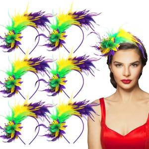 lot 20426 image: Yunlly 6 Pcs Mardi Gras Fascinator Feather Headband 1920 Feather Headband Hat Parrot Hair Band Party Costume Women Accessory(Yellow, Green, Purple)