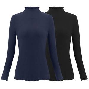 lot 20443 image: Herou 2 Pack Women Long Sleeve Mock Neck Fitted Lightweight Undershirt Lettuce Trim Ribbed Knit Slim Thermal Underwear Tops for Women Black, NavyBlue Medium