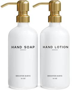 lot 20448 image: Luxury Glass Soap and Lotion Dispenser Set by Brighter Barns - Liquid Soap Dispenser Bathroom Set - White and Gold Bathroom Accessories for Vacation Rental, Airbnb, Hotel, Wedding Gift (Gold)