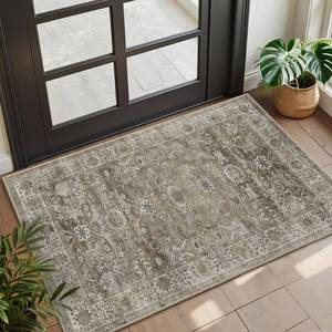 lot 20457 image: 2x3 Entryway Rug Brown Grey Washable Vintage Rugs for Entryway Kitchen Low Pile Non-Slip Door Mat Traditional Distressed Small Throw Carpet for Kitchen Entrance Bathroom AntiqueMoss