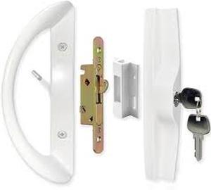 lot 4147 image: Patio Sliding Door Handle Set with Mortise Lock, Key Cylinder and Keeper, Replacement Handle Lock Set Fits Door Thickness from 1-12 to 1-34, 3-1516 Screw Hole Spacing, Keyed, White